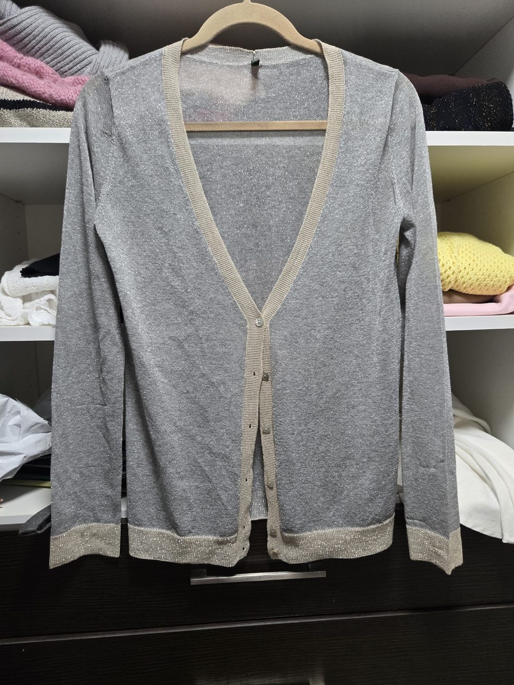 United Colors Of Benetton Light Gray Cardigan with Beige Metallic Trim